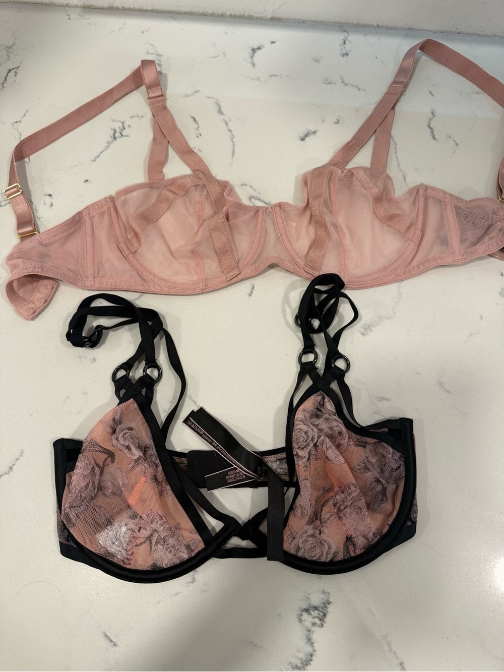 Victoria's Secret Sheer Pink Mesh Bra & Black-Trim Floral Bra Set